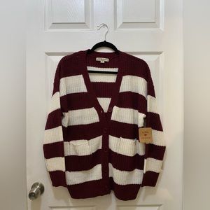Love Change | Stripped Burgundy & Cream Knitted Cardigan Button Up Sweater